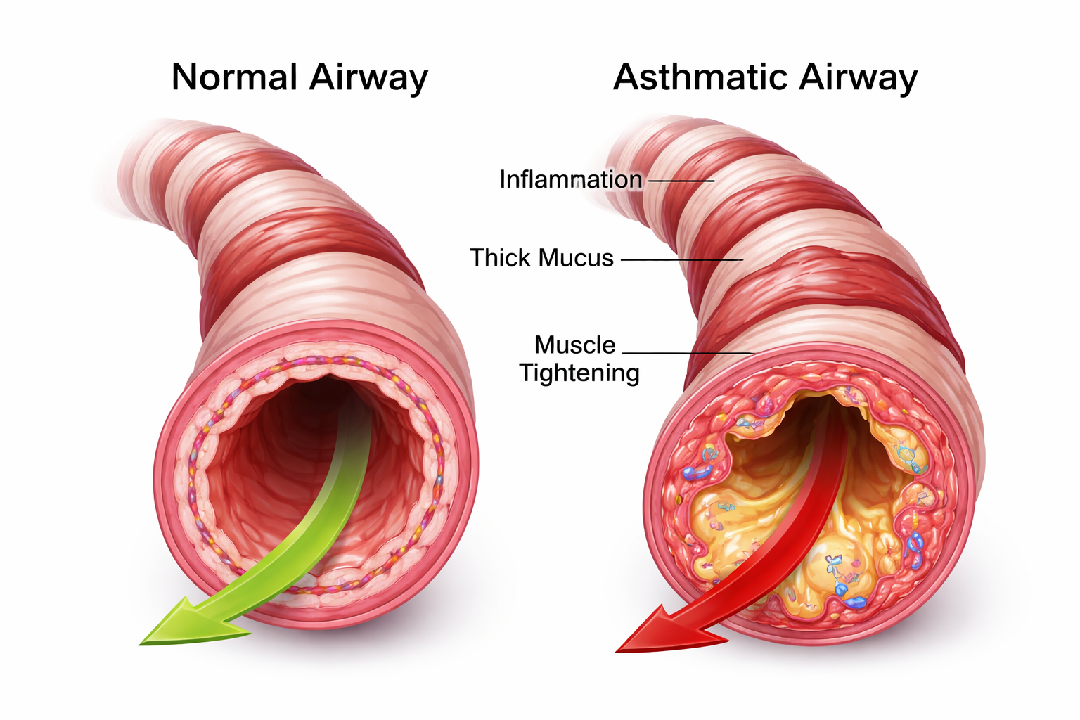 image of normal airway and image of airway in asthma